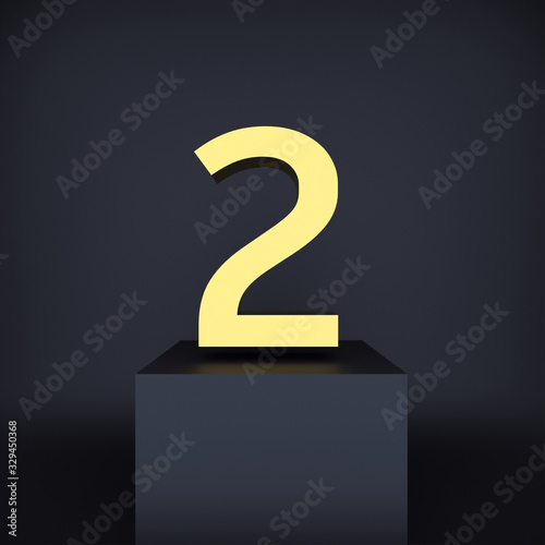 Number 2 Golden shining metallic 3D image symbol black background