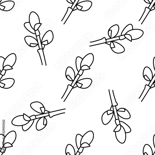 Sprig of willow in hand drawn doodle style on white background. Design Easter card, coloring page. Outline stock illustration. Branches blossom pussy willow tree. Vector illustration seamless pattern.