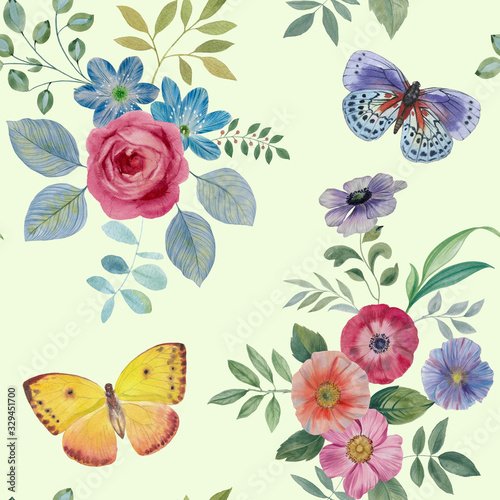 Flowers leaves and butterflies in a seamless pattern. Floral pattern for your design and decor.