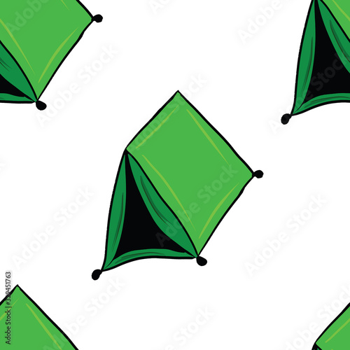 Seamless pattern with camping green tent on white background. Simple vector illustration in cartoon style