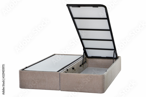 Pull up storage bed, storage space revealed by lifting the slatted base, isolated on white background, include clipping path.