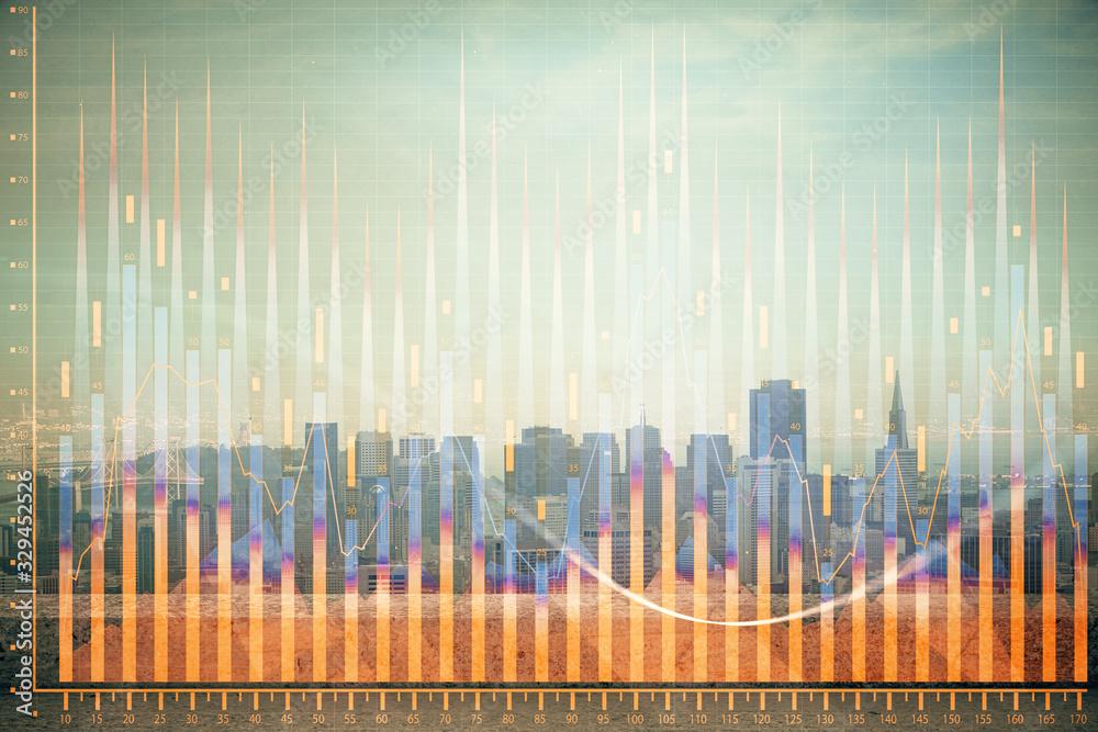 Forex graph on city view with skyscrapers background multi exposure. Financial analysis concept. Forex graph on city view with skyscrapers background multi exposure. Financial analysis concept.