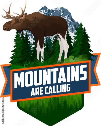 The Mountains Are Calling. vector Outdoor Adventure Inspiring Motivation Emblem logo illustration with moose bull