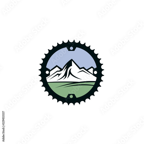 emblem of mountain bike and gear isolated on white background