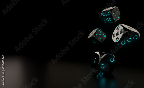 Slika na platnu Futuristic Black Dices With Glowing Blue Neon Lights - 3D Illustration