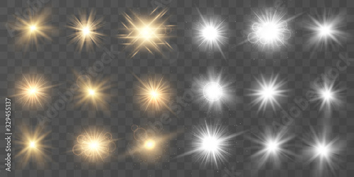 Set of White and golden glowing light . Sparkling magical dust particles. Star burst with sparkles on a transparent background