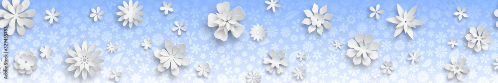 Fototapeta Banner with floral texture in light blue colors and big white paper flowers with soft shadows. With seamless horizontal repetition