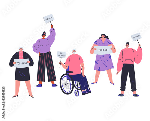 People with different characteristics are discriminated against.Different people not fit the demands of society.Signs of discrimination against people.Too old,too fat,too young,too hight.Vector flat