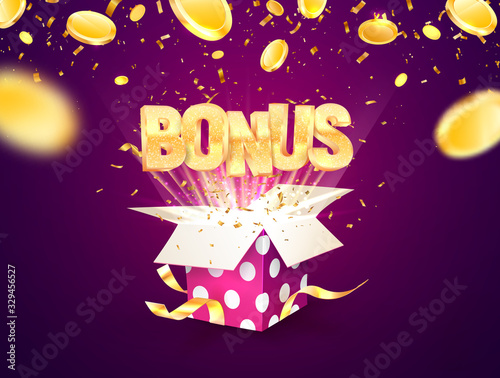 Bonus word flying from textured gift box and purple background. Winning prize vector illustration with falling down coins