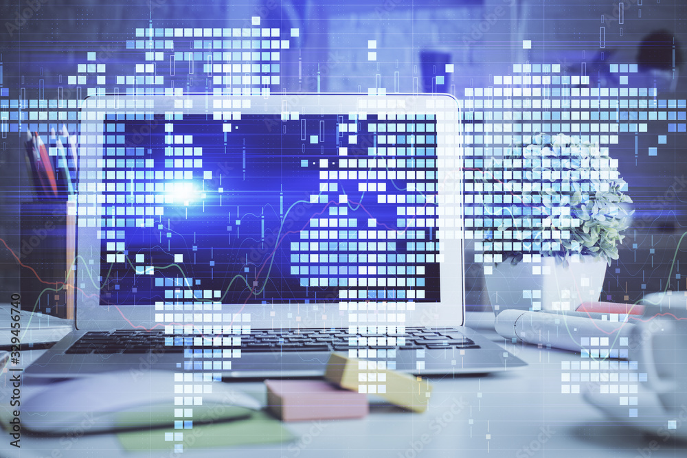 Double exposure of business theme icons and work space with computer background. Concept of success. Double exposure of business theme icons and work space with computer background. Concept of success.