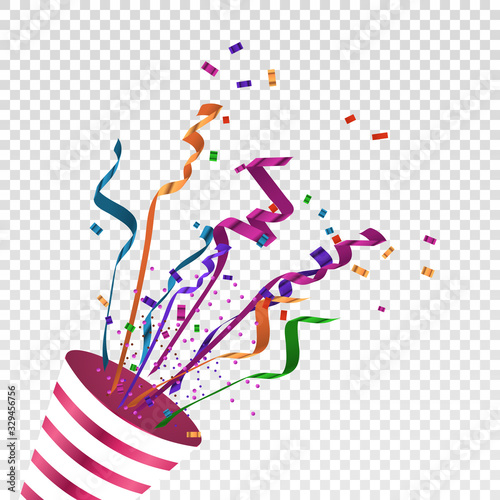 Exploding party popper with colorful confetti and streamer Ribbon Flying on white background.