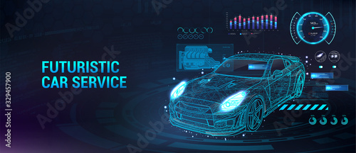 Car service future with HUD interface. Diagnostic auto, with infographics, analysis and statistic. HUD Dashboard, car repair. Automobile user interface. Isometric 3d sport car. Vector illustration
