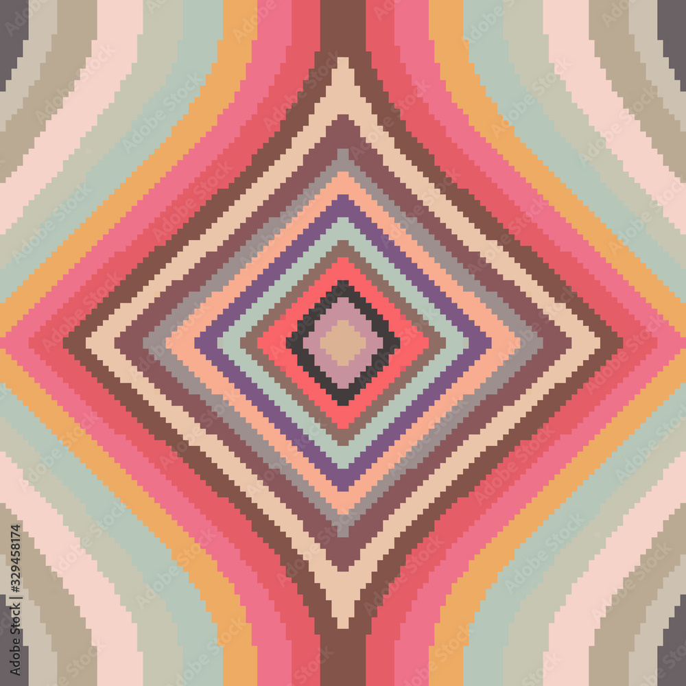Geometric abstract seamless pattern background of pixel art. 70s pattern. Pixel art 8 bit. Vintage wallpaper