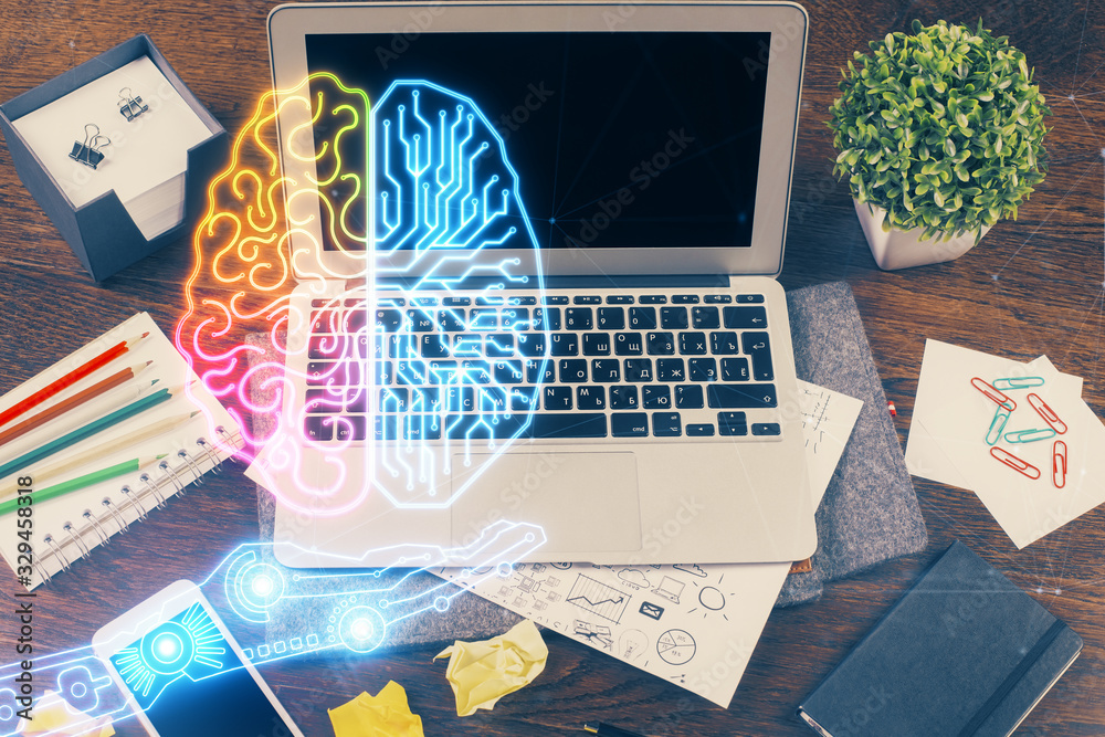 Multi exposure of work space with computer and human brain hologram. Brainstorm concept. Multi exposure of work space with computer and human brain hologram. Brainstorm concept.