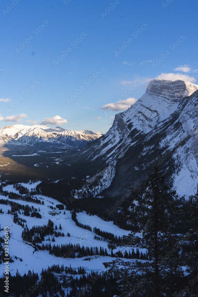 Bow Valley and Cascade Mountain view from summit of Tunnel Mountain in winter, Banff National Park, Alberta, Canada