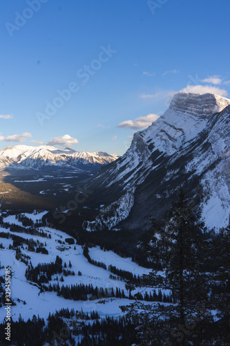 Bow Valley and Cascade Mountain view from summit of Tunnel Mountain in winter, Banff National Park, Alberta, Canada