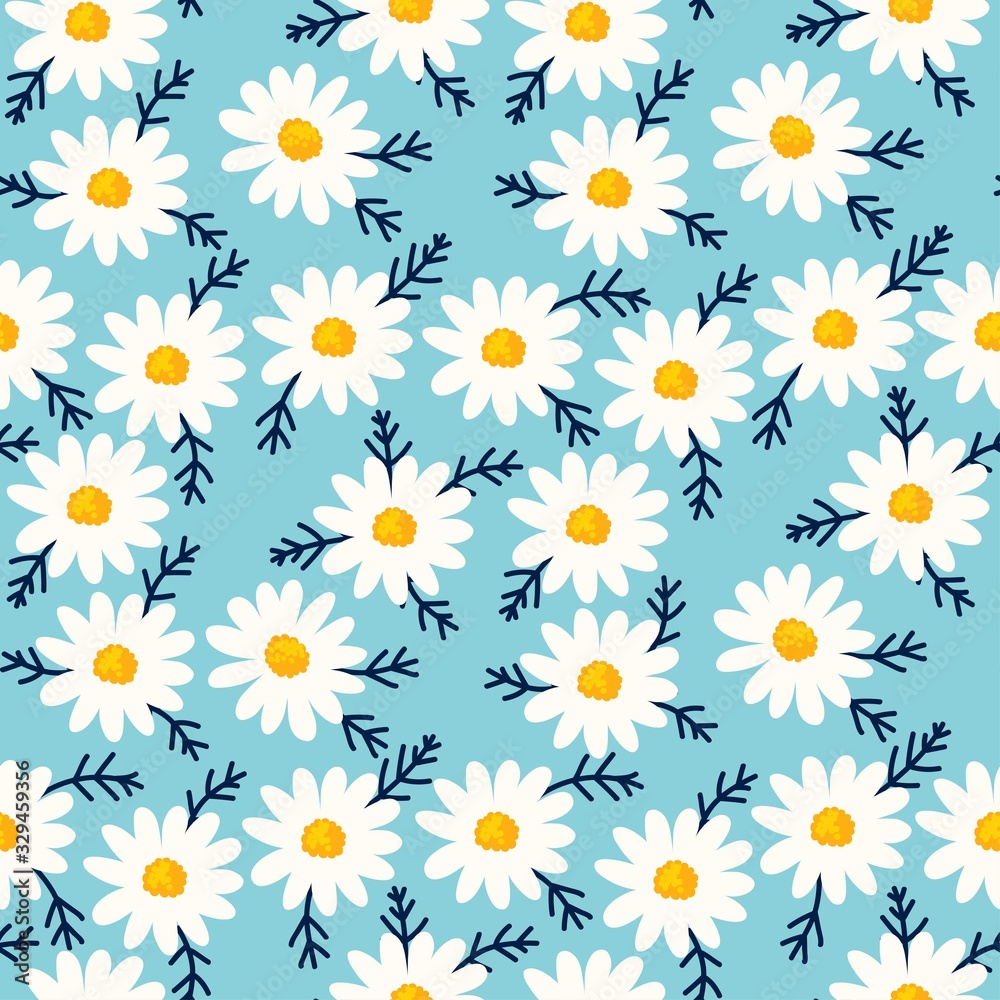 Daisy seamless pattern on blue background. Floral ditsy print with small white flowers and leaves. Chamomile design great for fashion fabric, trend textile and wallpaper.
