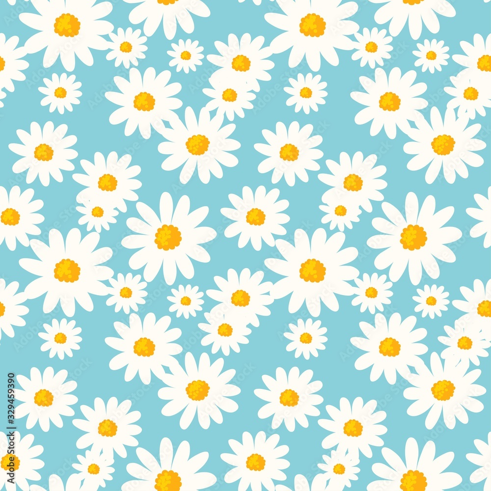 Daisy flower seamless pattern on blue background. Ditsy floral