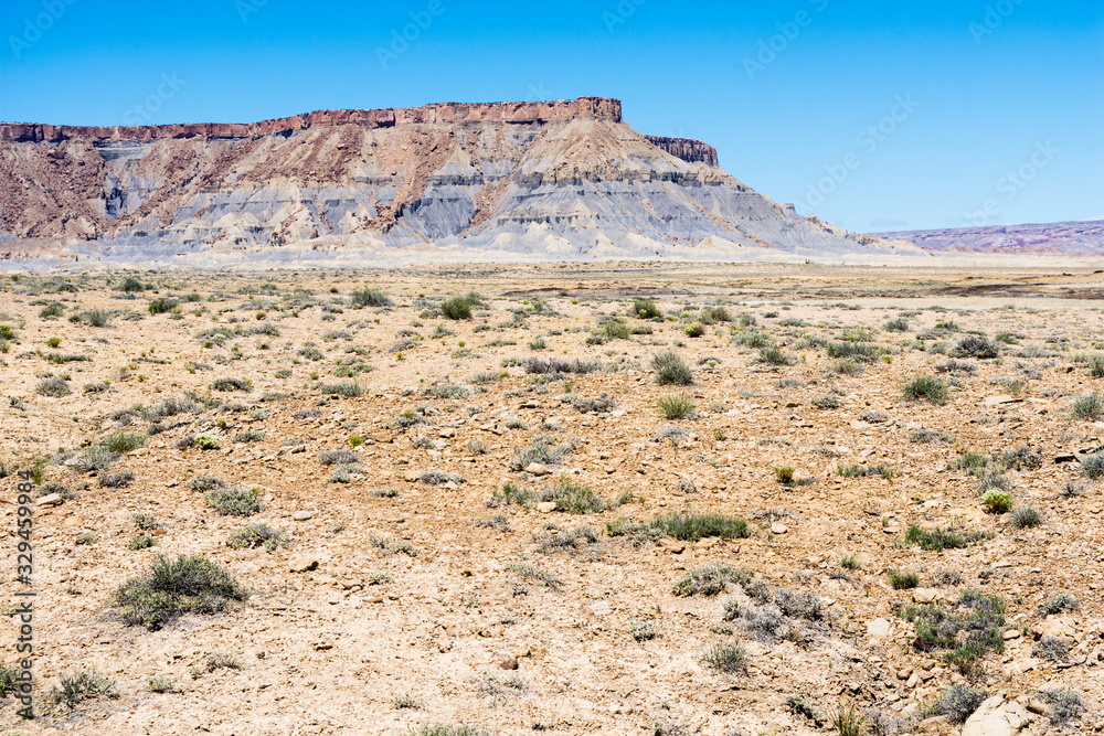 View of North Caineville Mesa from state route 24 in Utah, USA
