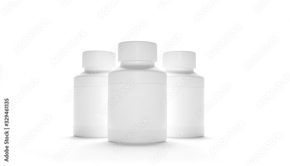 Blank Plastic Packaging Bottle with Cap for Pills Isolated on White Background. Bio Supplements or Vitamins. Realistic Plastic Bottle. Mock Up Template. Medicine, Tablets, Pills. 3D Rendering Blank Plastic Packaging Bottle with Cap for Pills Isolated on White Background. Bio Supplements or Vitamins. Realistic Plastic Bottle. Mock Up Template. Medicine, Tablets, Pills. 3D Rendering