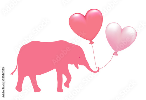 Elefant mit Herz-Luftballons in pink, Vektor illustration isoliert auf weißem Hintergrund