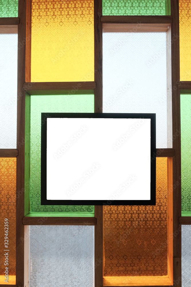 Empty blank picture frame on wall inside building for Advertising media or text Empty blank picture frame on wall inside building for Advertising media or text