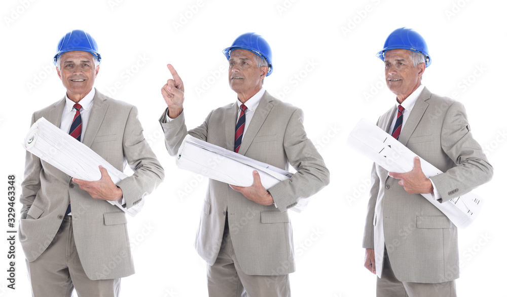 Mature businessman / engineer / architect in hard hat holding rolled up blueprints. Three Different poses. Mature businessman / engineer / architect in hard hat holding rolled up blueprints. Three Different poses.