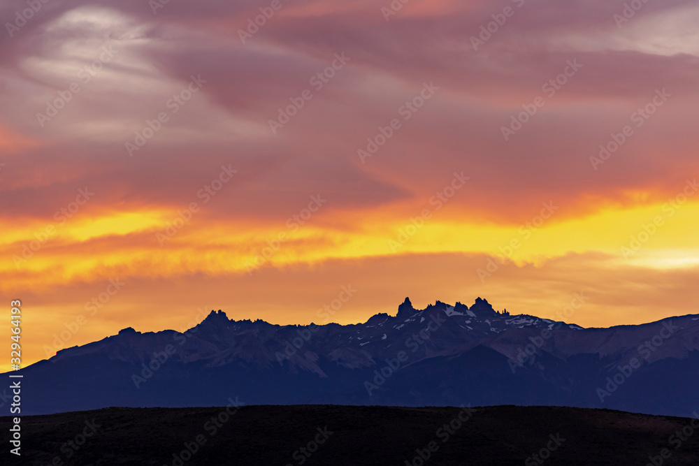 Stunning colorful sunset against Andes mountains range in Esquel Patagonia, Argentina
