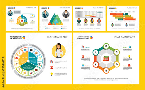 Colorful economy or research concept infographic charts set. Business design elements for presentation slide templates. For corporate report, advertising, leaflet layout and poster design.