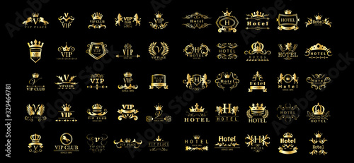 Golden Vip And Hotel Luxury Logo Set - Isolated On Black Background, Vector. Icons Collection Of Golden Vip Logo, Hotel Emblem And Label. Useful For Badge, Seal And Design Template. Luxury Logo Vector