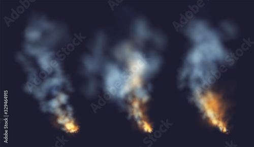 Set Realistic smoke and fire shapes on a black background. Vector illustration
