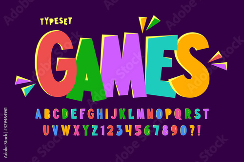Trendy comical condensed alphabet design, colorful, typeface.
