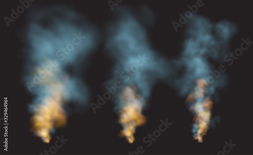 Set Realistic smoke and fire shapes on a black background. Vector illustration