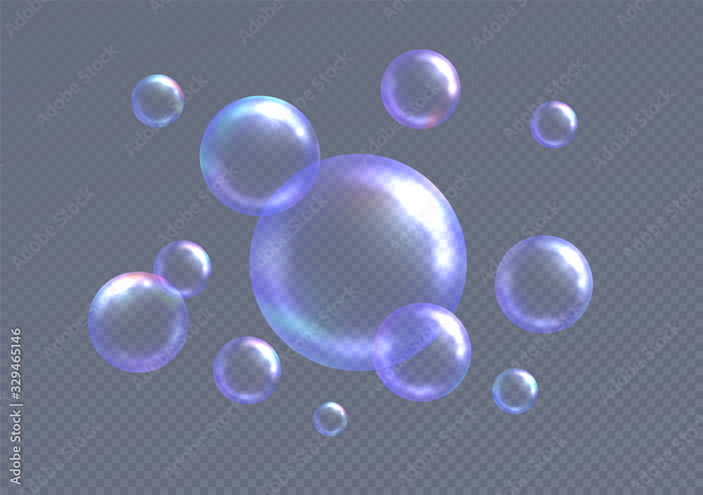 Realistic soap bubbles isolated on gray transparent background. Vector illustration