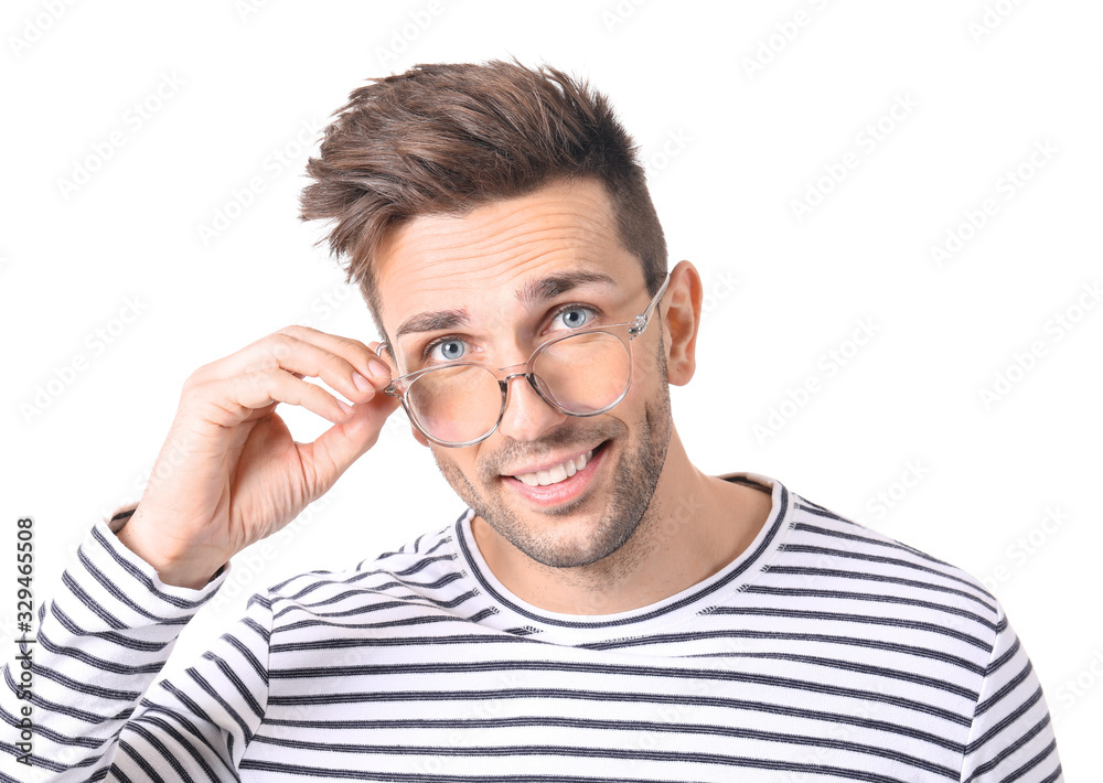 Young man with stylish eyeglasses on white background Young man with stylish eyeglasses on white background