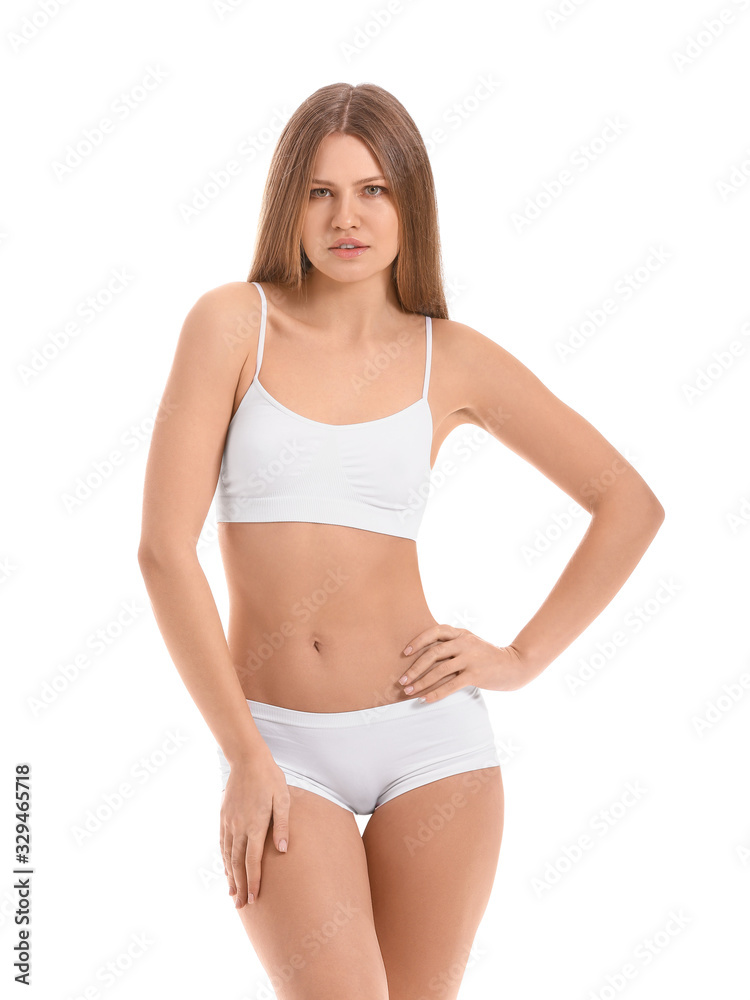 Beautiful young woman in underwear on white background Beautiful young woman in underwear on white background