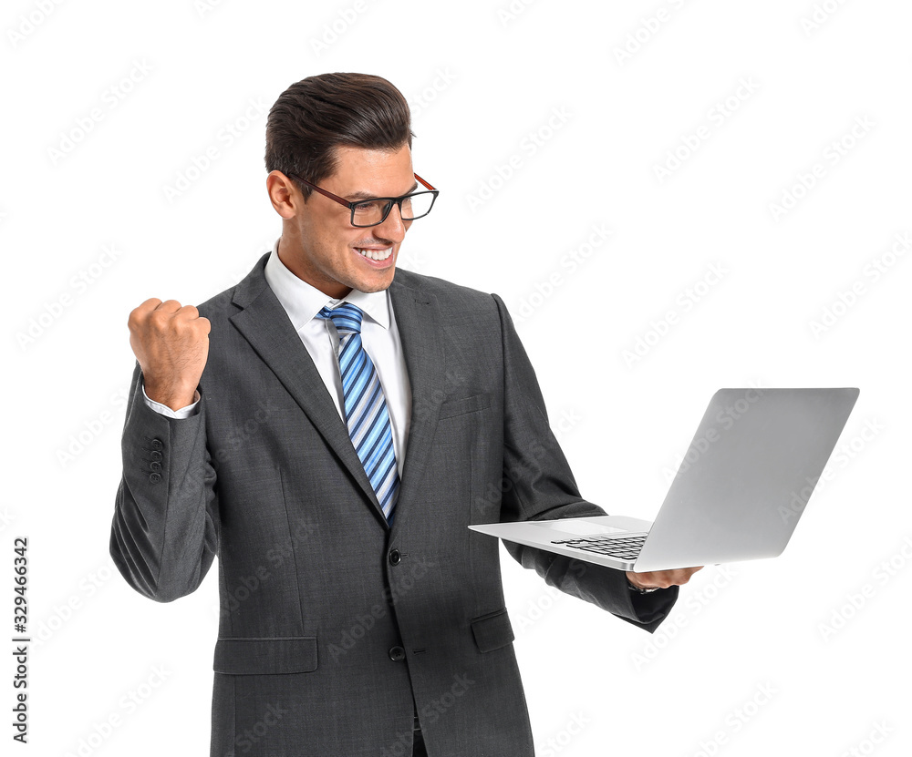 Happy businessman with laptop on white background Happy businessman with laptop on white background
