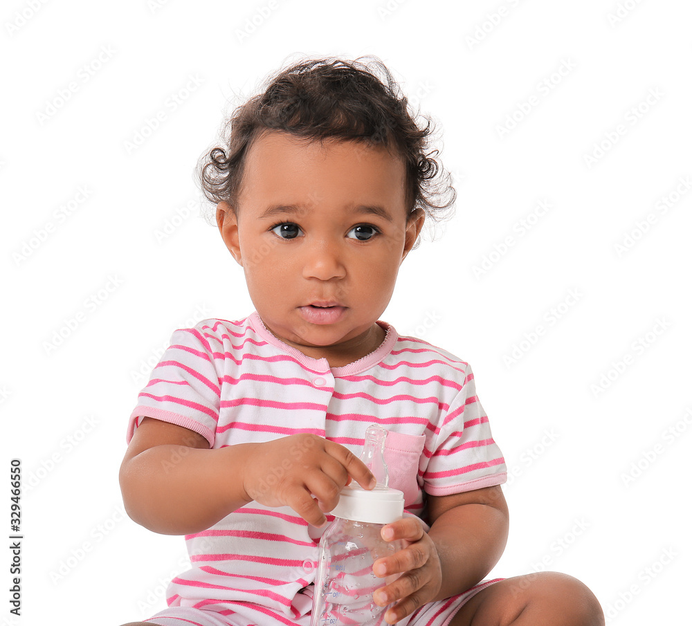 Cute African-American baby with bottle of water on white background Cute African-American baby with bottle of water on white background