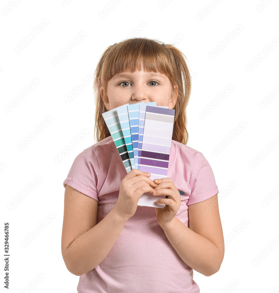 Little girl with color palettes on white background Little girl with color palettes on white background