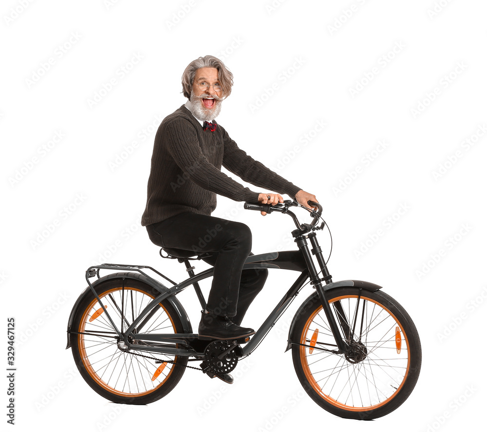 Happy elderly man with bicycle on white background Happy elderly man with bicycle on white background