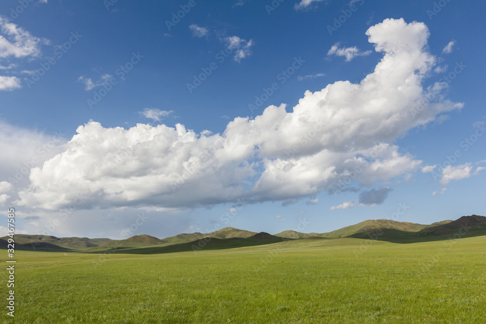 Mongolia steppe, landscape of infinite grasslands under beautiful cloud in blue sly Mongolia steppe, landscape of infinite grasslands under beautiful cloud in blue sly