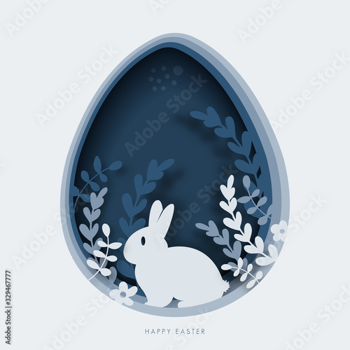 Happy easter greeting card template. paper cut illustration of easter rabbit, grass, flowers and blue egg shape.