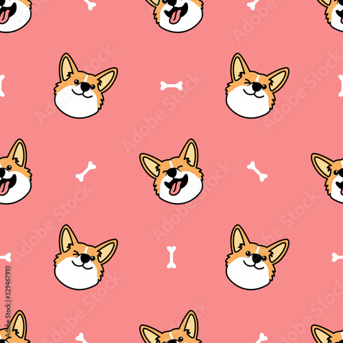 Cute welsh corgi dog face cartoon seamless pattern, vector illustration