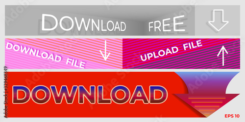 Set of web banners. Top banner in light gray colors, perspective font. Medium banner with two use cases - download, upload. The bottom banner is made in neon colors. For online business.