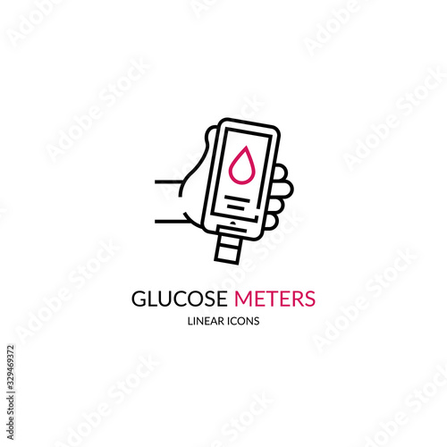 Diabetes blood glucose meter linear icons set