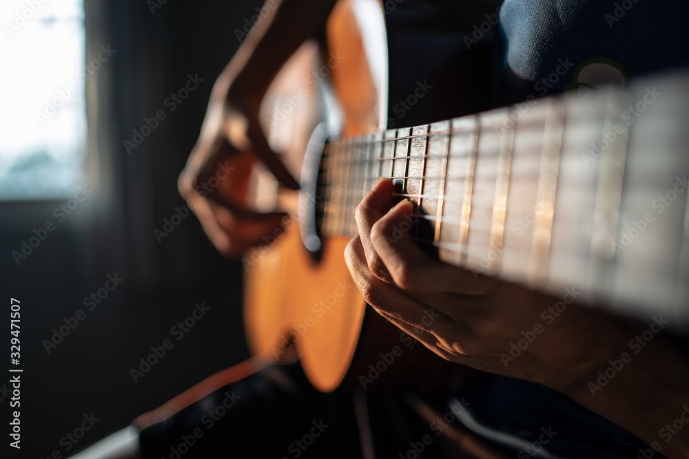 Playing Classical Guitar at Home - obrazy, fototapety, plakaty 