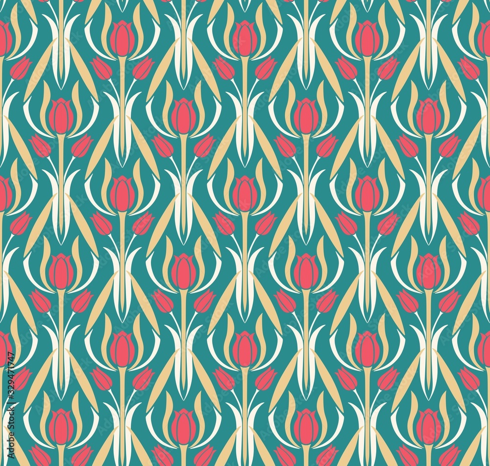 Geometric ornament with tulips. Vector seamless plant pattern in damask style.