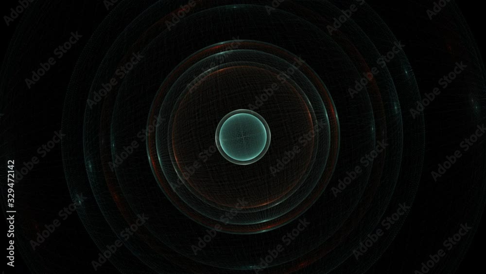 Slowly rotating abstract concentric orbital globes on black background Slowly rotating abstract concentric orbital globes on black background