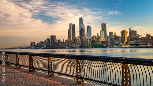 Manhattan skyline from a Hoboken park at dawn