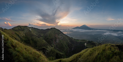 Sunrise from the top of Mount Batur - Bali, Indonesia . Panorama